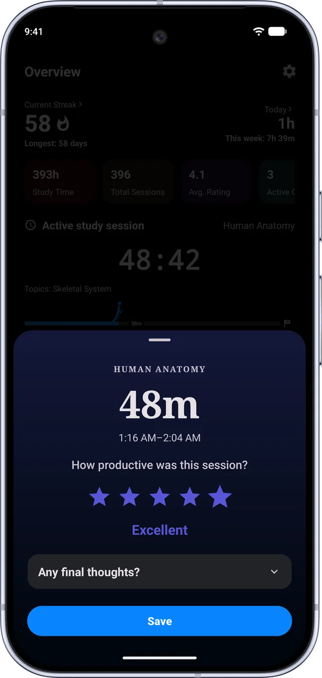 Estudylog for Android: finishing a 48 minute Human Anatomy session with a five-star rating
