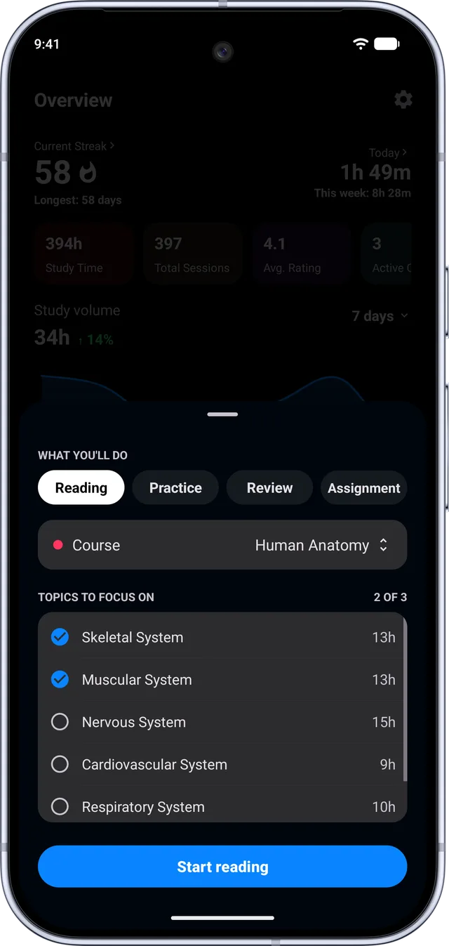 Estudylog for Android: starting a reading session for Human Anatomy with two topics picked