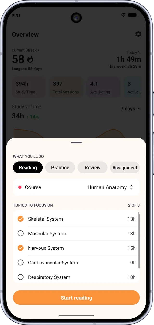 Estudylog for Android: starting a reading session for Human Anatomy with two topics picked