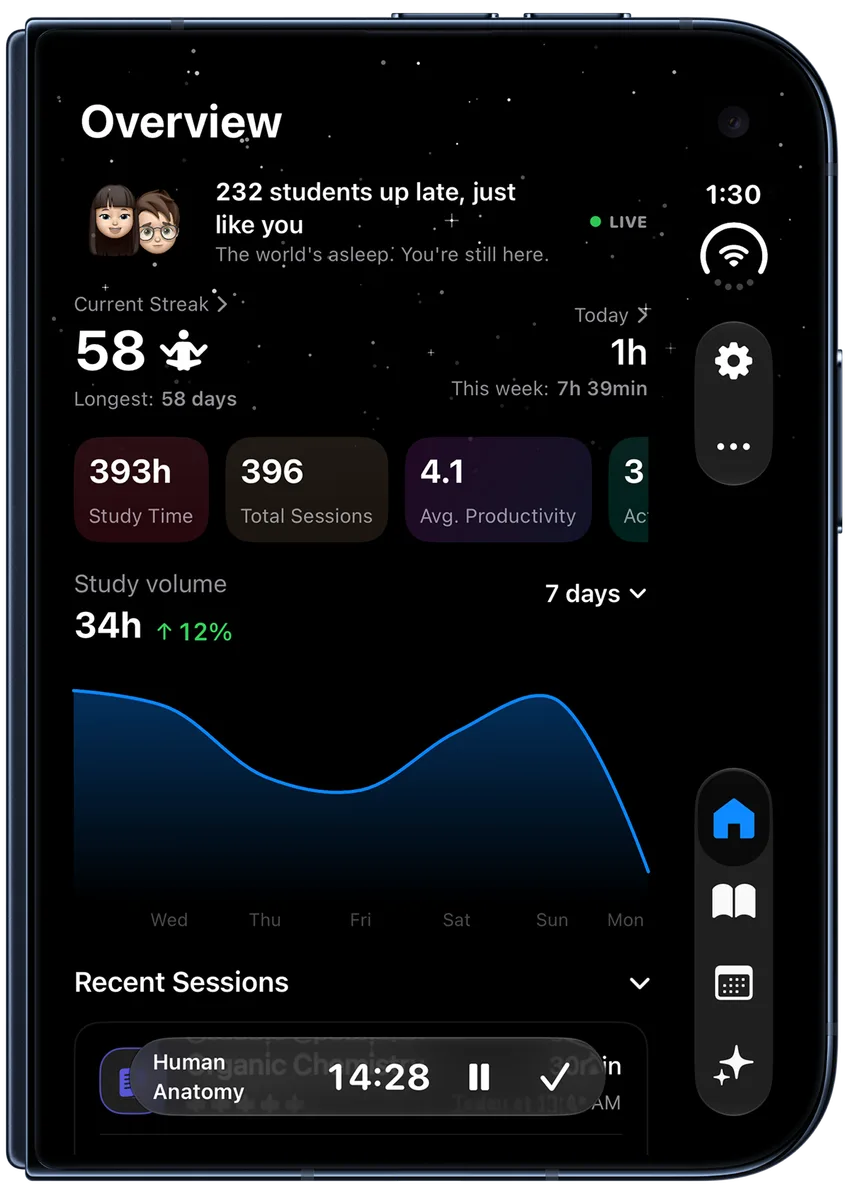 Estudylog on iPhone Duo: Overview with a 58-day streak, study totals and the week's study volume