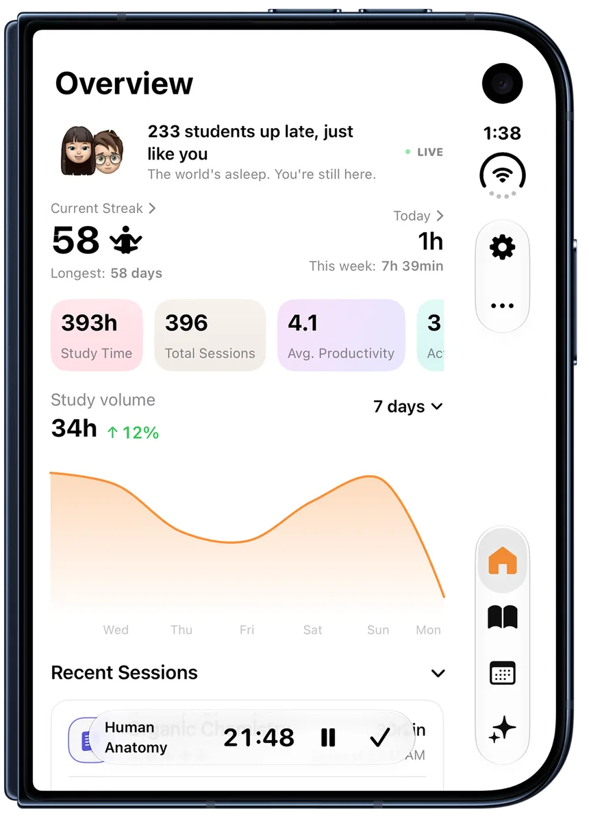 Estudylog on iPhone Duo: Overview with a 58-day streak, study totals and the week's study volume