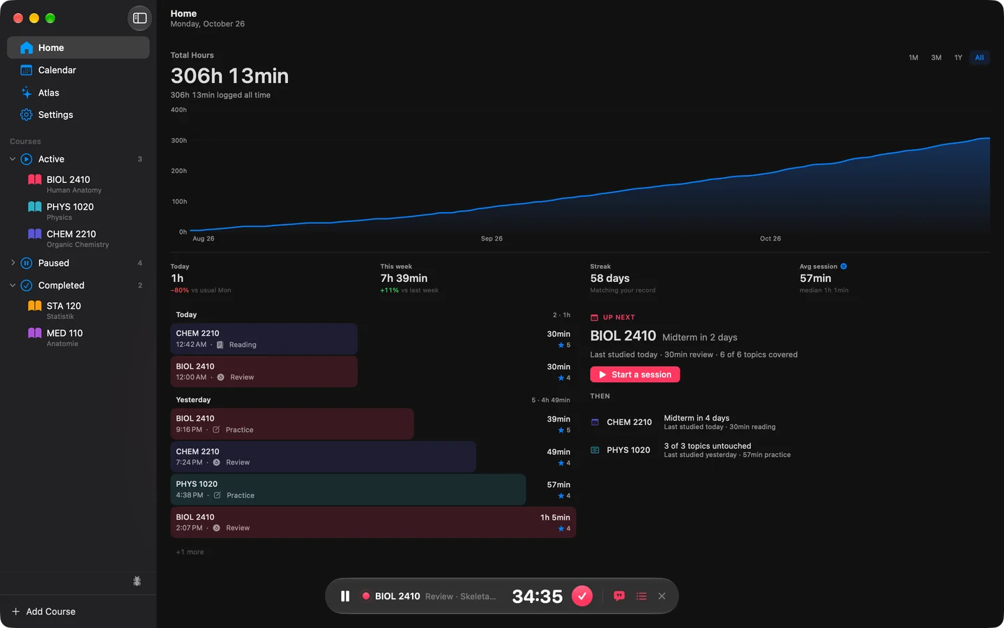 Estudylog for Mac, Home: 305 hours logged, a 58-day streak, today's sessions and what to study next
