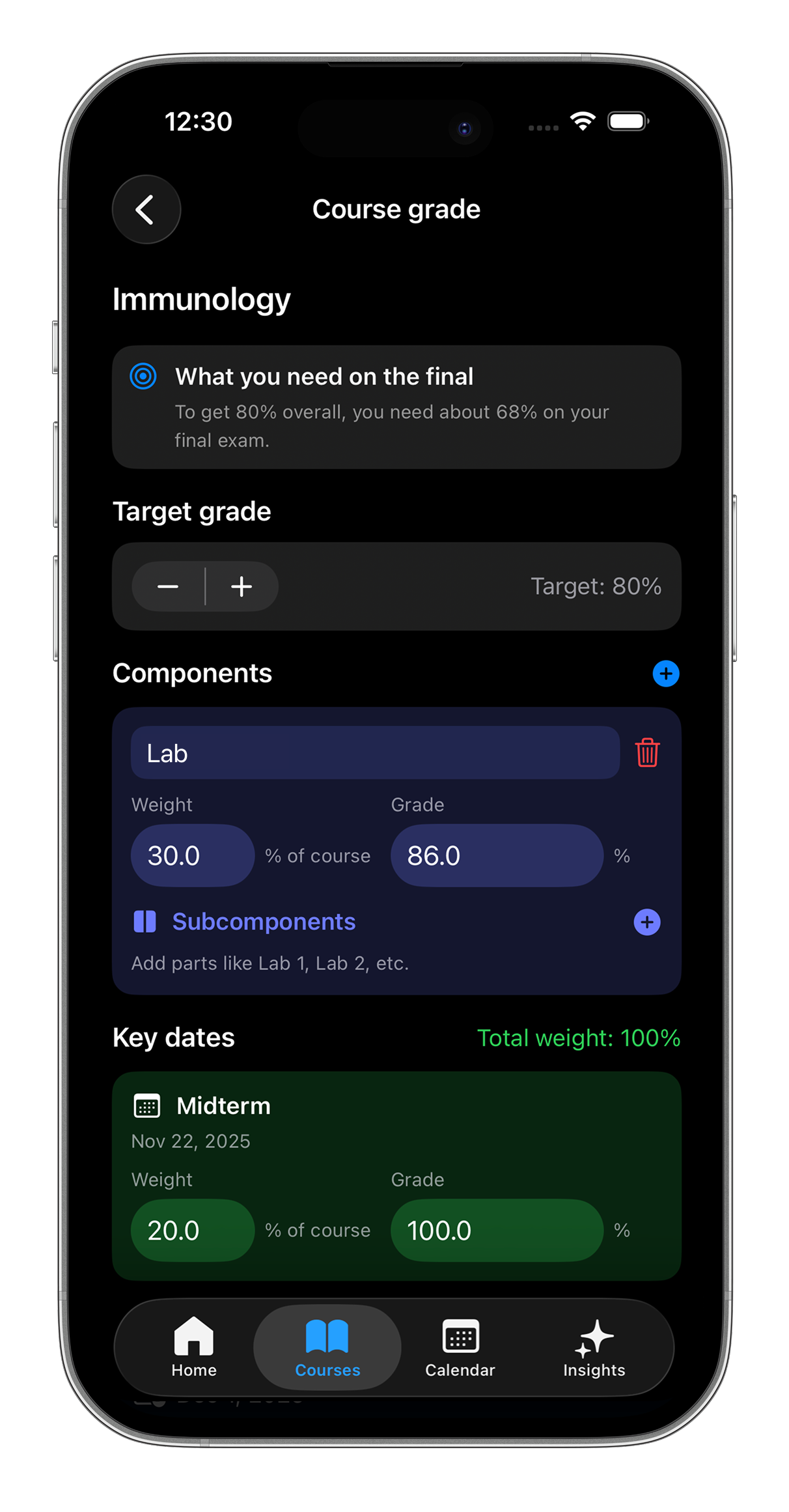 EstudyLog Grade Calculator screen showing target grades and weights