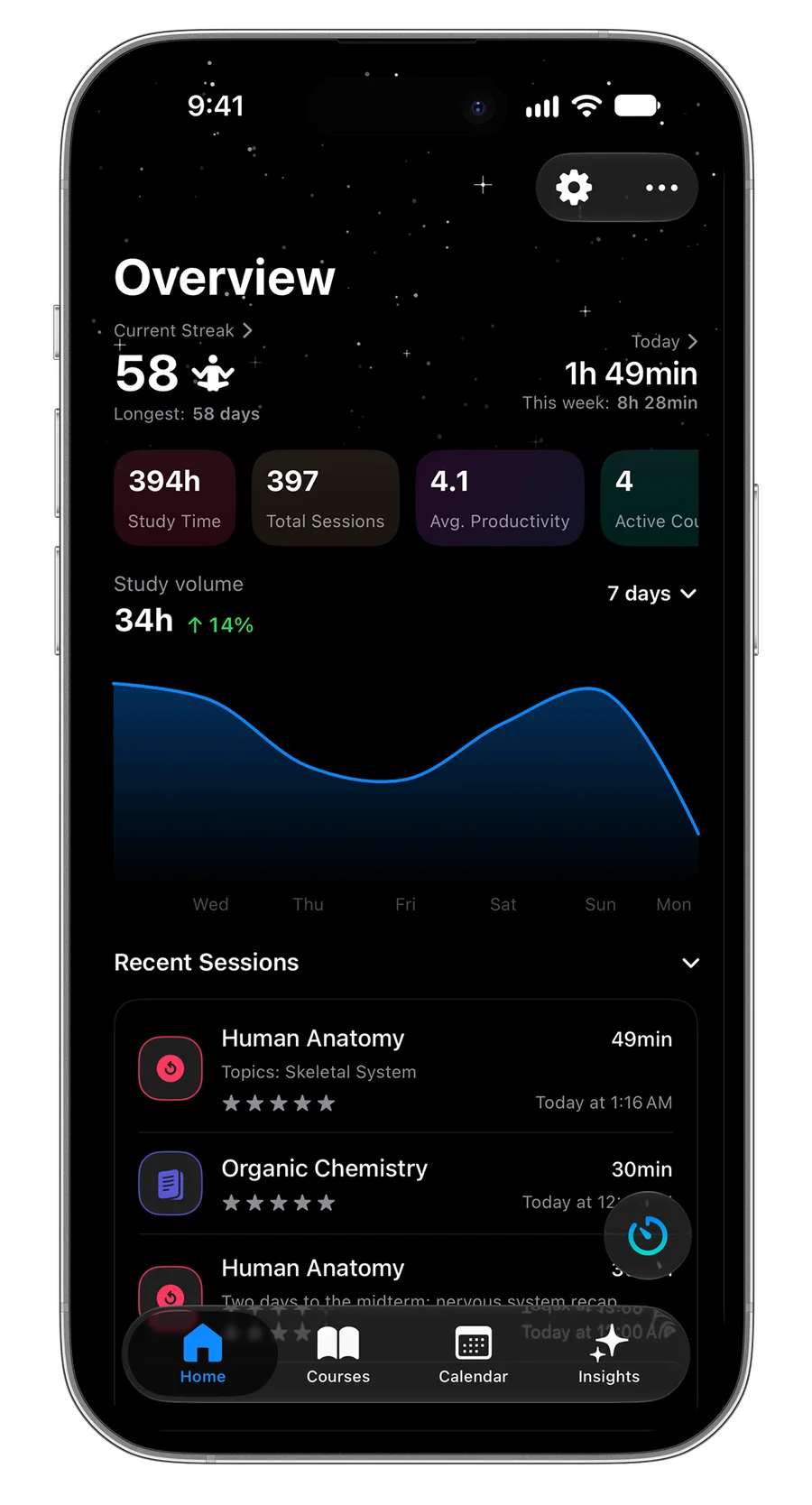 Estudylog Home tab on iPhone: a 58-day streak, study totals and the week's study volume