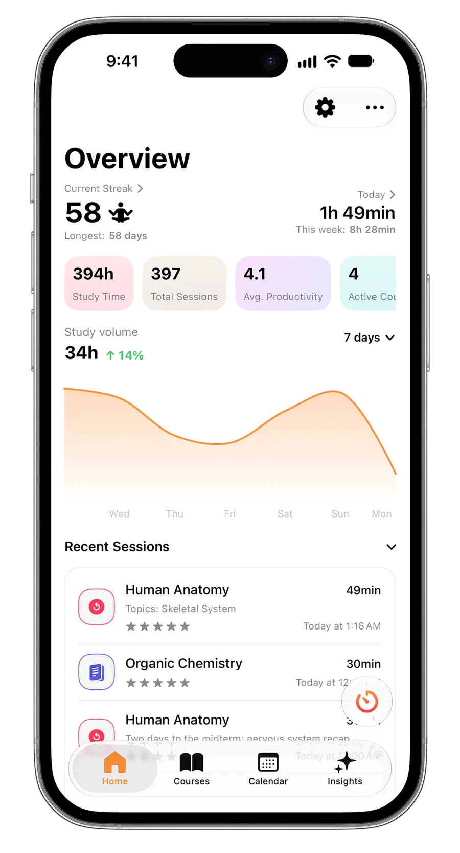 Estudylog Home tab on iPhone: a 58-day streak, study totals and the week's study volume